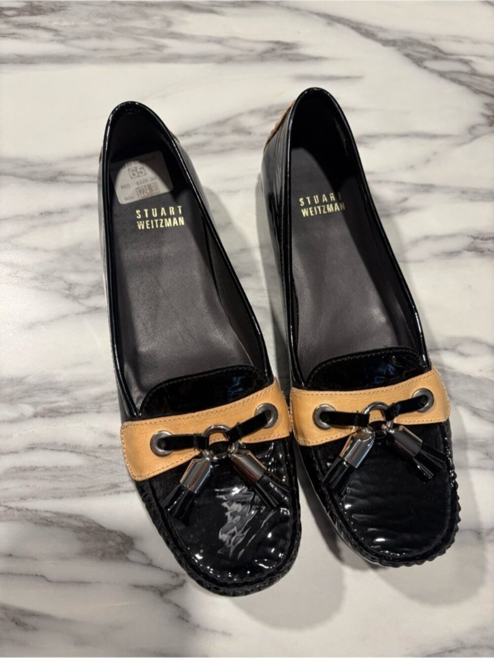 Stuart Weitzman Black Patent Loafers with Tan Trim and Tassels - Picture 7 of 11